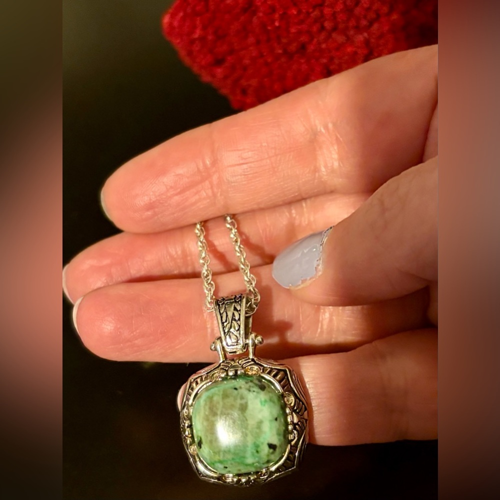 Southwestern Sterling Silver Green Turquoise Stone Pendant Necklace